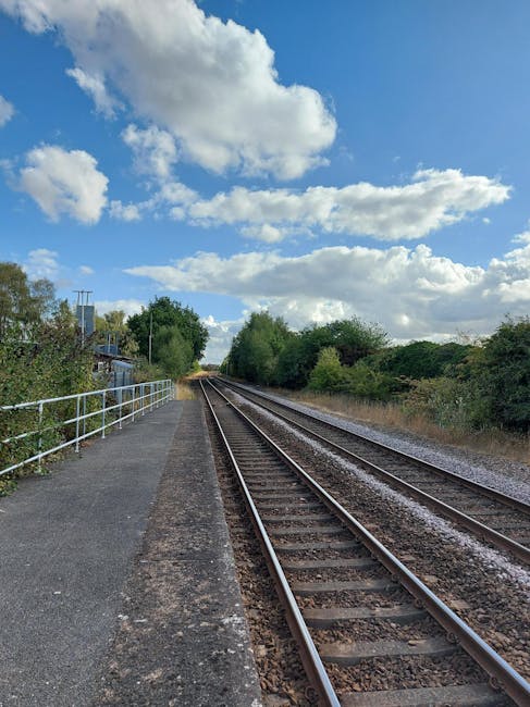 An elevated view of Berrylands train station platform showing the railway tracks running alongside. The platform is bordered by a blue metal fence and features a small brick building with a flat roof, which has puddles of water on top reflecting the cloudy sky. There is a lamppost near the edge of the platform, and several parking spaces with white and blue cars are visible in the background, adjacent to a green industrial warehouse with a sloped roof. Tall trees and green bushes border the station area, providing natural surroundings. Overhead electrical lines run parallel to the tracks, supported by tall metal poles. The scene captures the quiet environment typical of a suburban train station, suitable for home relocation logistics and furniture transport services by Man with Van Berrylands, emphasizing the space and infrastructure involved in moving and packing activities related to house removals and logistical planning.